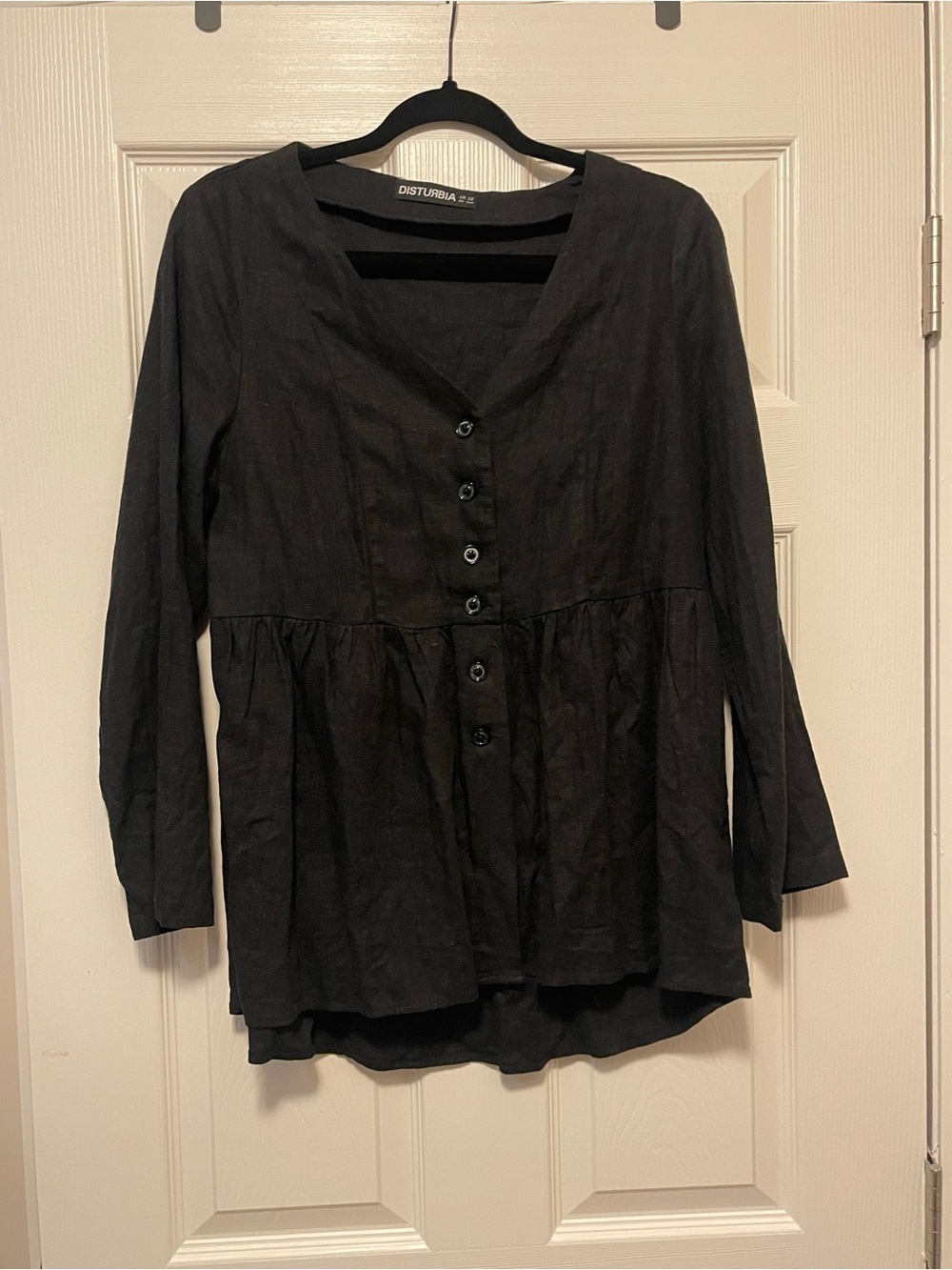 Disturbia Black Linen Button-Front Babydoll Top
